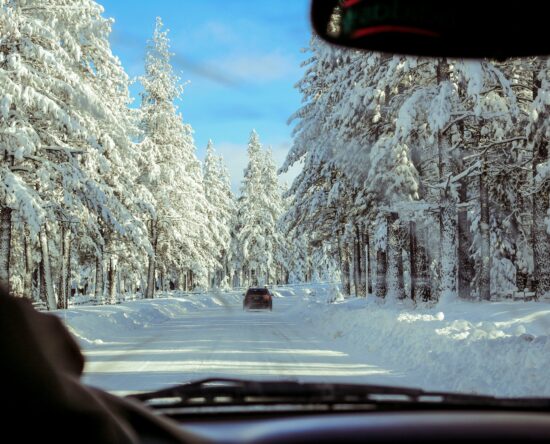 widok na ośnieżoną drogę